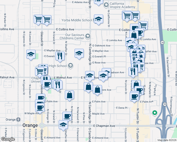 map of restaurants, bars, coffee shops, grocery stores, and more near 552 North Cambridge Street in Orange