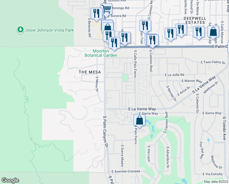 map of restaurants, bars, coffee shops, grocery stores, and more near 215 Calle Bravo in Palm Springs