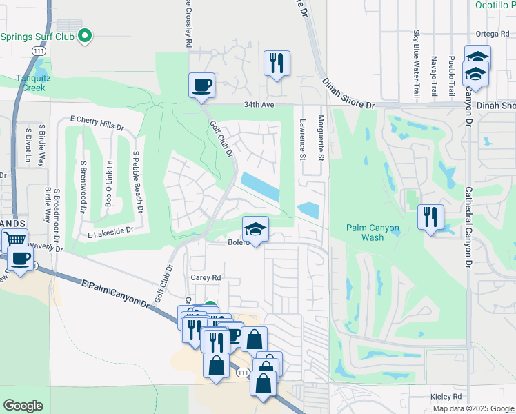 map of restaurants, bars, coffee shops, grocery stores, and more near 47 Portola Drive in Palm Springs