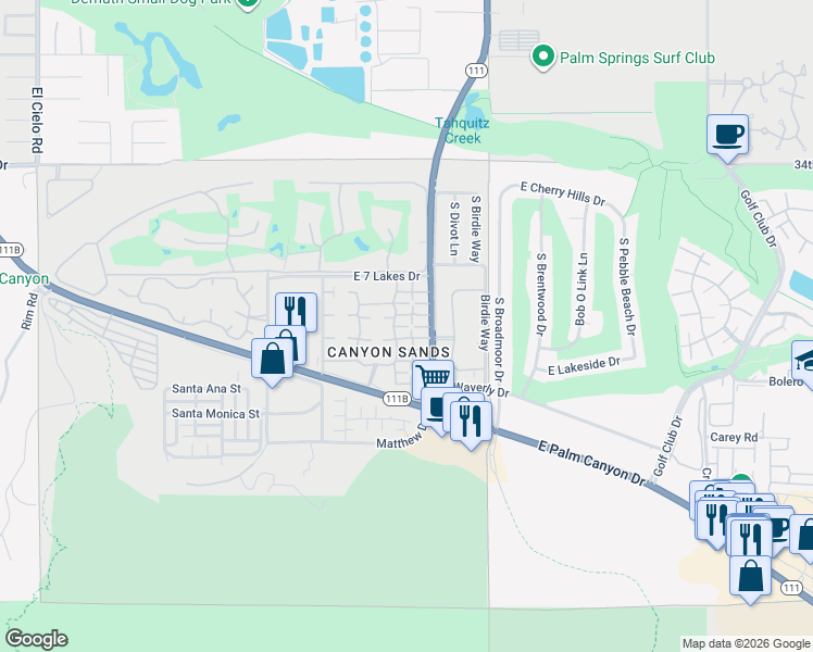 map of restaurants, bars, coffee shops, grocery stores, and more near 2330 East Miramonte Circle in Palm Springs