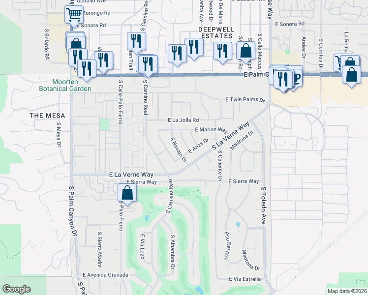 map of restaurants, bars, coffee shops, grocery stores, and more near 1983 Yucca Place in Palm Springs