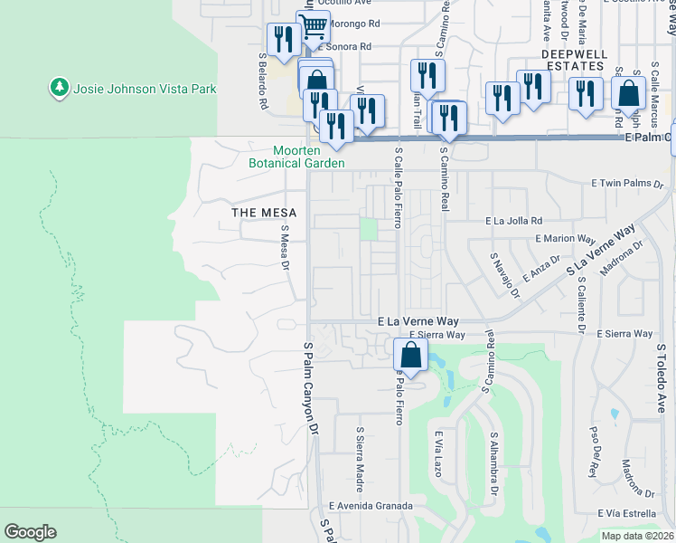 map of restaurants, bars, coffee shops, grocery stores, and more near 2003 Ramitas Way in Palm Springs