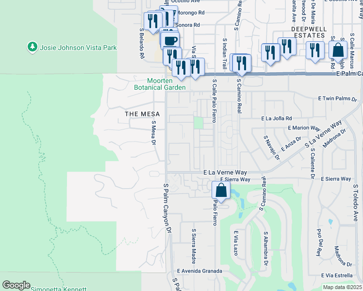 map of restaurants, bars, coffee shops, grocery stores, and more near 2003 Ramitas Way in Palm Springs