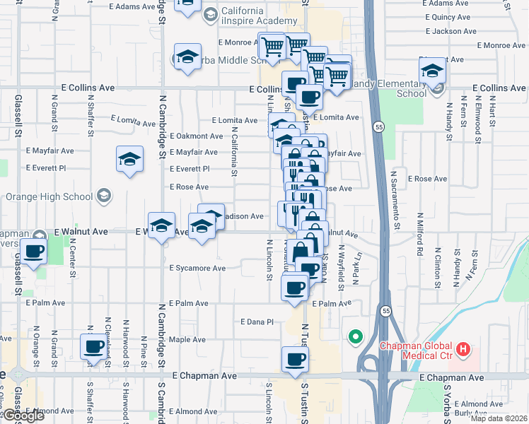 map of restaurants, bars, coffee shops, grocery stores, and more near 1420 East Orange Grove Avenue in Orange