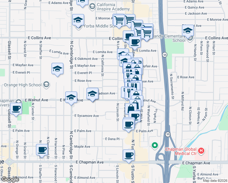 map of restaurants, bars, coffee shops, grocery stores, and more near 1420 East Orange Grove Avenue in Orange