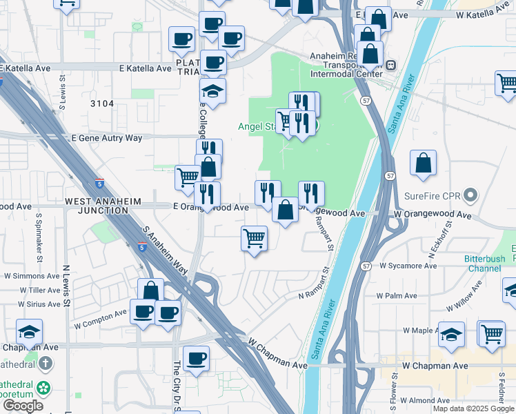 map of restaurants, bars, coffee shops, grocery stores, and more near 2209 East Orangewood Avenue in Anaheim