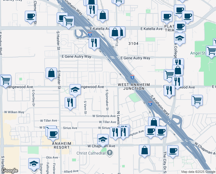 map of restaurants, bars, coffee shops, grocery stores, and more near 835 East Orangewood Avenue in Anaheim