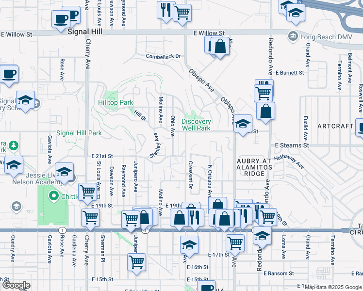 map of restaurants, bars, coffee shops, grocery stores, and more near 2164 Ohio Avenue in Signal Hill