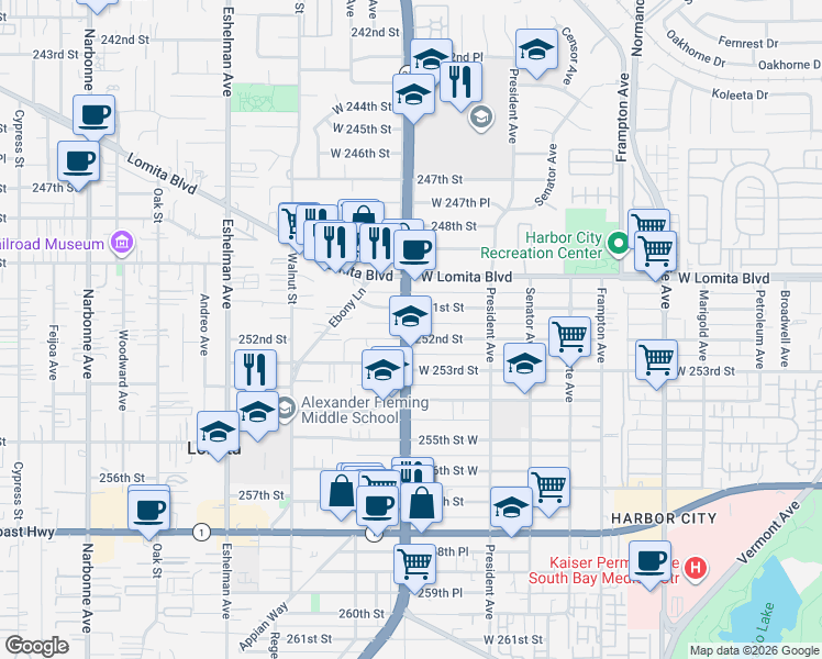 map of restaurants, bars, coffee shops, grocery stores, and more near 1704 251st Street in Lomita