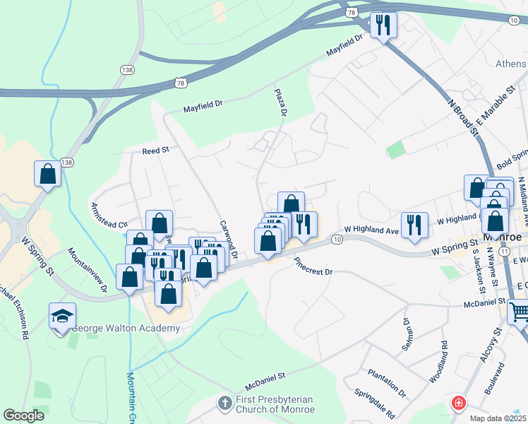 map of restaurants, bars, coffee shops, grocery stores, and more near 796 Ridge Road in Monroe