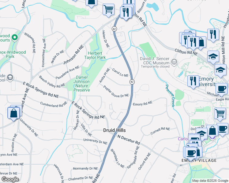 map of restaurants, bars, coffee shops, grocery stores, and more near 1237 Briar Hills Drive Northeast in Atlanta