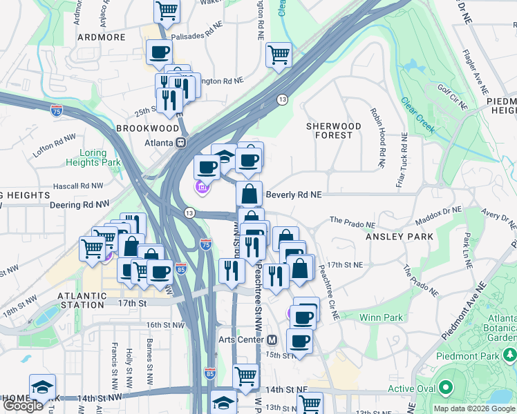 map of restaurants, bars, coffee shops, grocery stores, and more near 1356 West Peachtree Street Northeast in Atlanta