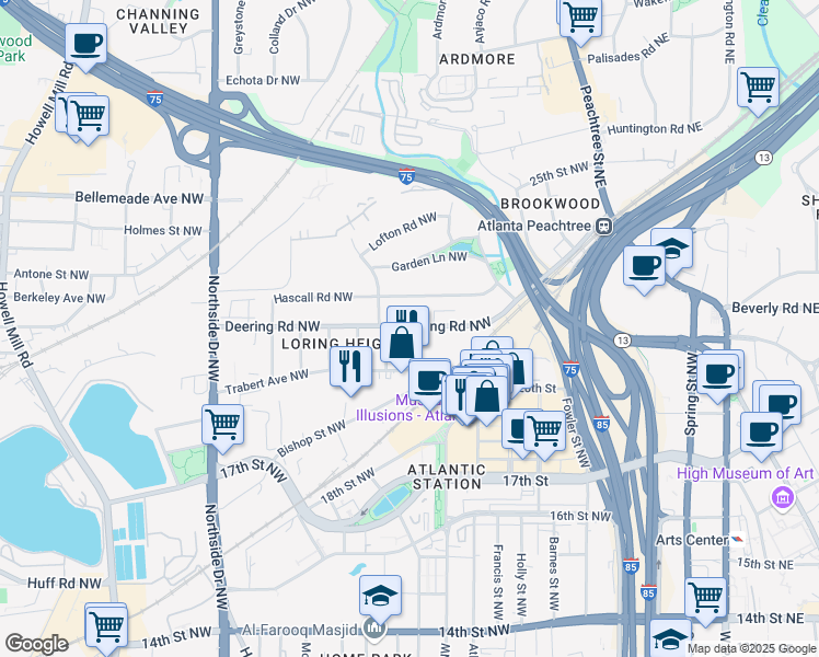 map of restaurants, bars, coffee shops, grocery stores, and more near 383 Deering Road Northwest in Atlanta