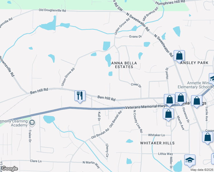 map of restaurants, bars, coffee shops, grocery stores, and more near 6525 Deborah Lane in Lithia Springs