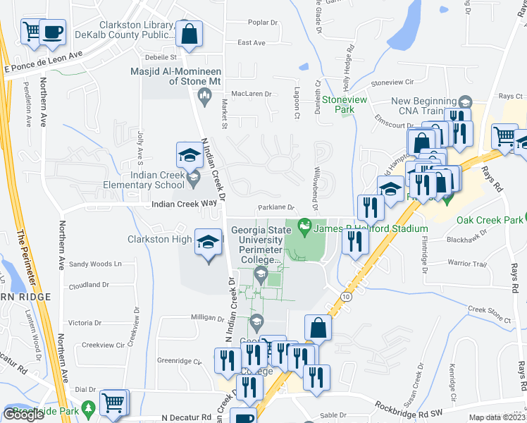 map of restaurants, bars, coffee shops, grocery stores, and more near 3815 Parklane Drive in Clarkston