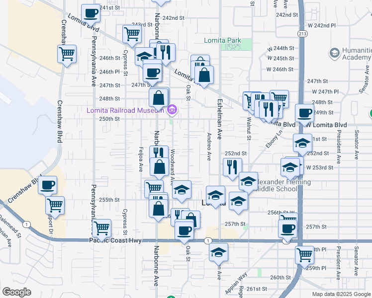 map of restaurants, bars, coffee shops, grocery stores, and more near 25123 Oak Street in Lomita