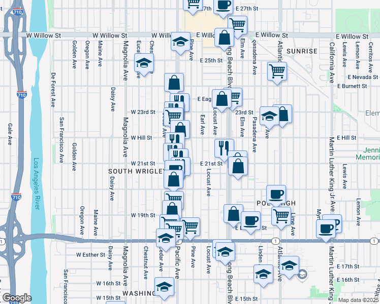 map of restaurants, bars, coffee shops, grocery stores, and more near 2145 Pine Avenue in Long Beach