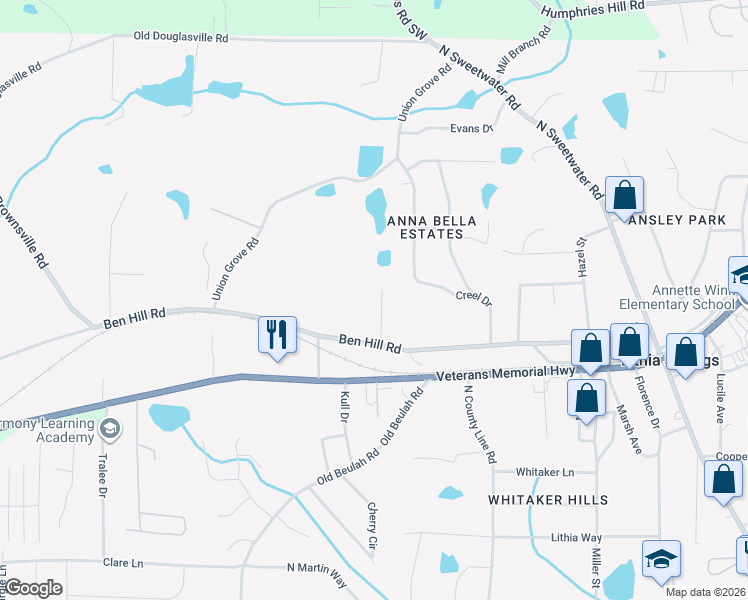 map of restaurants, bars, coffee shops, grocery stores, and more near 6525 Deborah Lane in Lithia Springs
