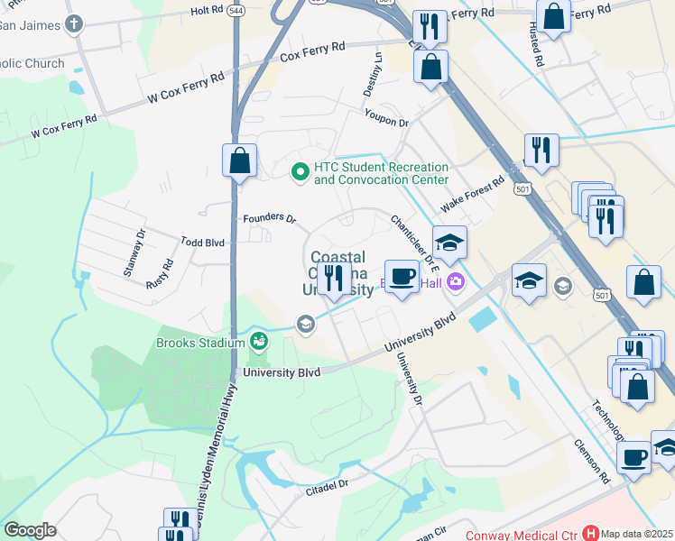 map of restaurants, bars, coffee shops, grocery stores, and more near 100 Chanticleer Drive East in Conway