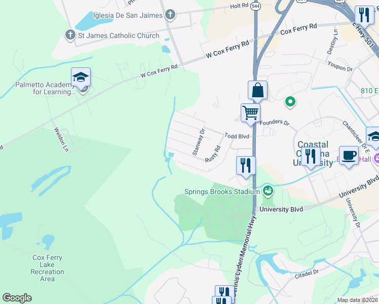 map of restaurants, bars, coffee shops, grocery stores, and more near 606 Lincoln Lane in Conway