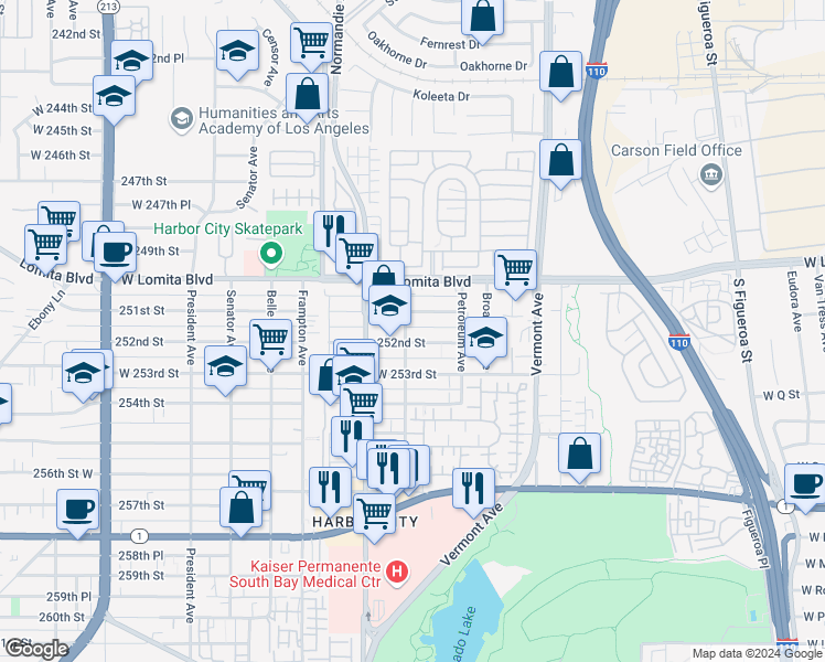 map of restaurants, bars, coffee shops, grocery stores, and more near 25110 Marigold Avenue in Los Angeles