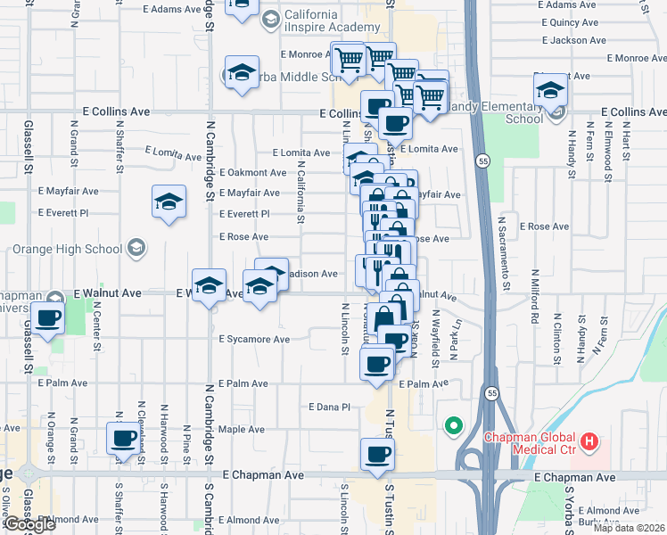 map of restaurants, bars, coffee shops, grocery stores, and more near 1420 East Orange Grove Avenue in Orange