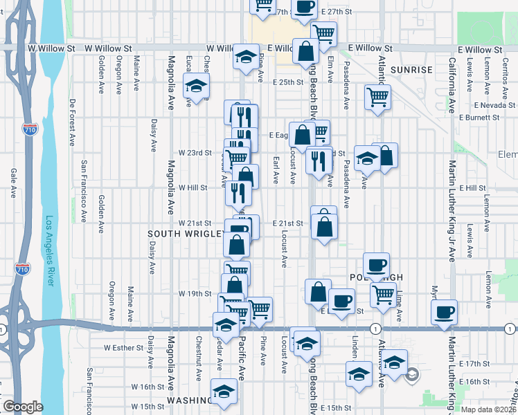 map of restaurants, bars, coffee shops, grocery stores, and more near 2145 Pine Avenue in Long Beach