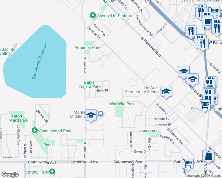 map of restaurants, bars, coffee shops, grocery stores, and more near 741 Amor Drive in San Jacinto