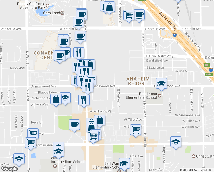 map of restaurants, bars, coffee shops, grocery stores, and more near 401 West Orangewood Avenue in Anaheim