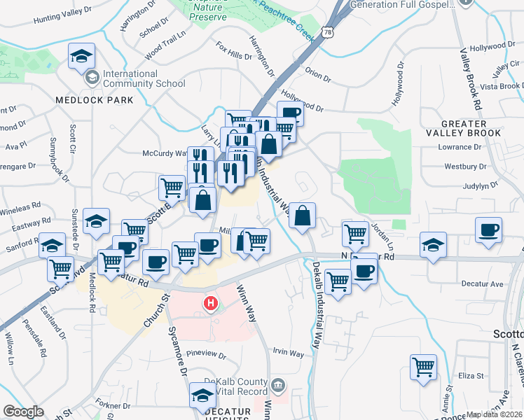 map of restaurants, bars, coffee shops, grocery stores, and more near 2676 Milscott Drive in Decatur