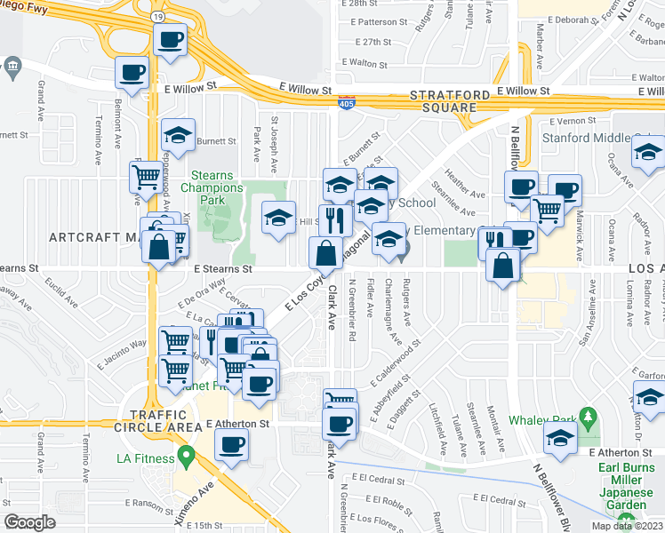 map of restaurants, bars, coffee shops, grocery stores, and more near East Los Coyotes Diagonal & Clark Avenue in Long Beach