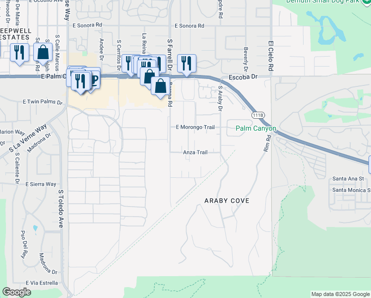 map of restaurants, bars, coffee shops, grocery stores, and more near 1981 Rancho Vista Trail in Palm Springs