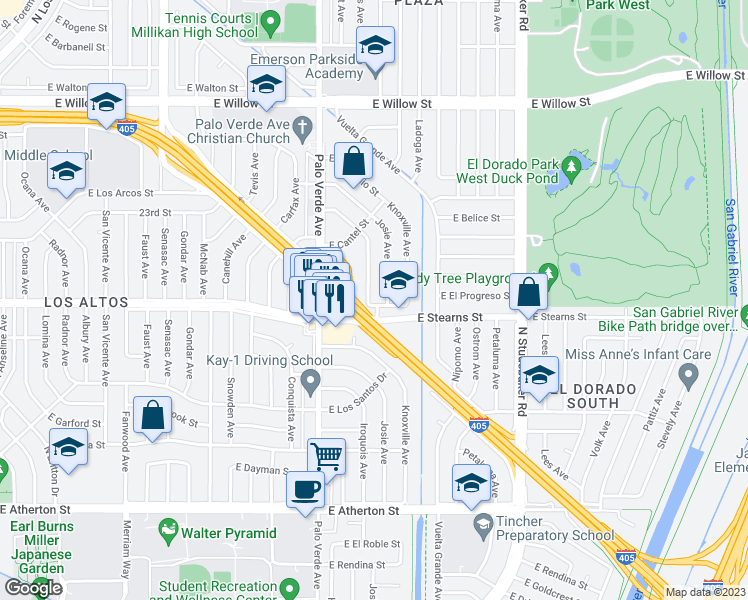 map of restaurants, bars, coffee shops, grocery stores, and more near 2202 Iroquois Avenue in Long Beach