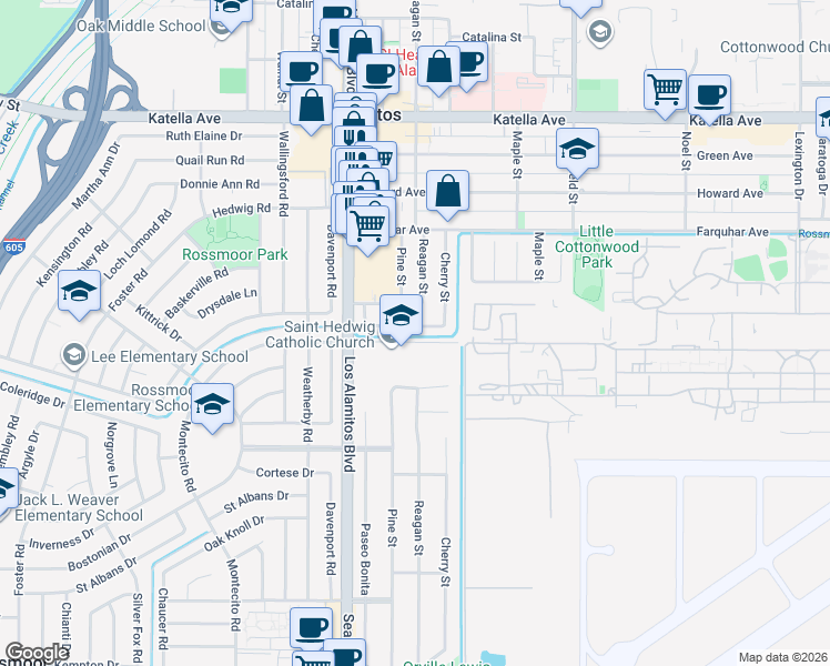 map of restaurants, bars, coffee shops, grocery stores, and more near 3611 Thor Avenue in Los Alamitos