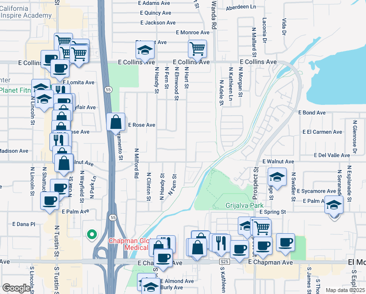 map of restaurants, bars, coffee shops, grocery stores, and more near 2705 East Orange Grove Avenue in Orange
