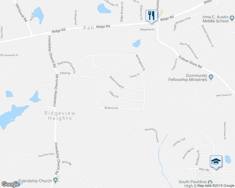 map of restaurants, bars, coffee shops, grocery stores, and more near 509 Dillon Drive in Douglasville