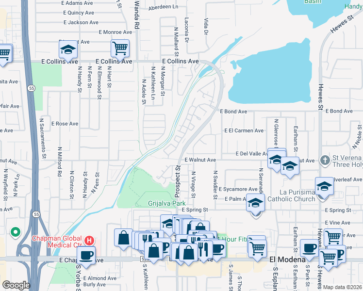 map of restaurants, bars, coffee shops, grocery stores, and more near 583 North Pageant Drive in Orange