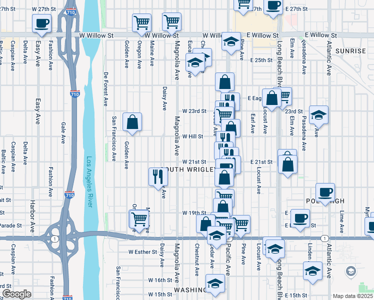 map of restaurants, bars, coffee shops, grocery stores, and more near 2141 Eucalyptus Avenue in Long Beach
