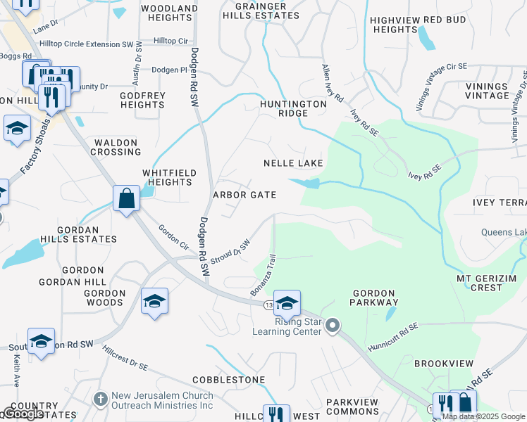 map of restaurants, bars, coffee shops, grocery stores, and more near 121 Stroud Drive Southeast in Mableton