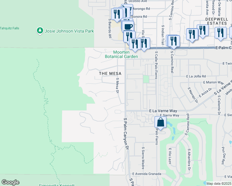 map of restaurants, bars, coffee shops, grocery stores, and more near 215 West Camino Alturas in Palm Springs
