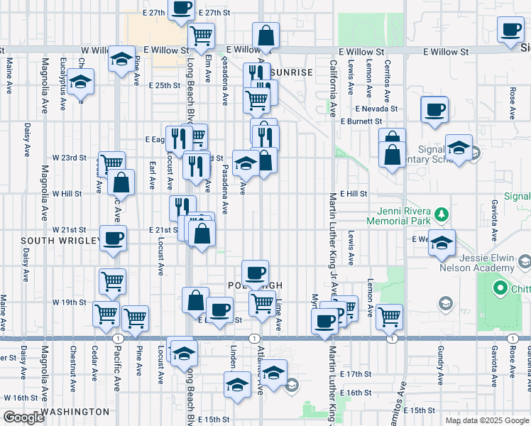 map of restaurants, bars, coffee shops, grocery stores, and more near 2175 Atlantic Avenue in Long Beach