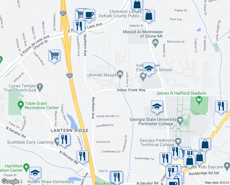 map of restaurants, bars, coffee shops, grocery stores, and more near 3531 Indian Creek Way in Clarkston