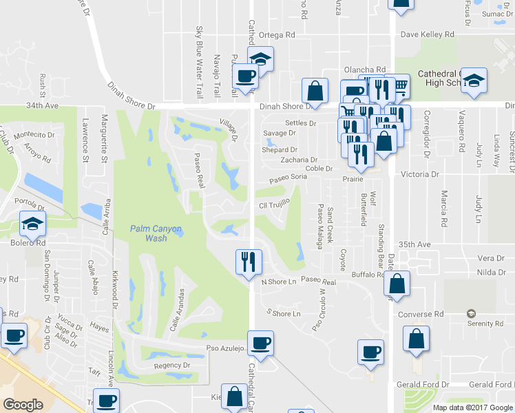 map of restaurants, bars, coffee shops, grocery stores, and more near 34881 Calle Trujillo in Cathedral City