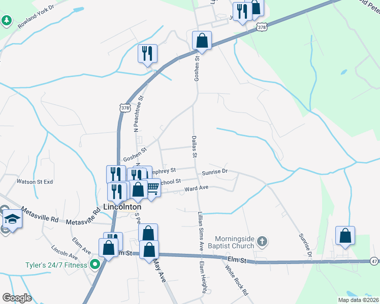 map of restaurants, bars, coffee shops, grocery stores, and more near 195 Dallas Street in Lincolnton