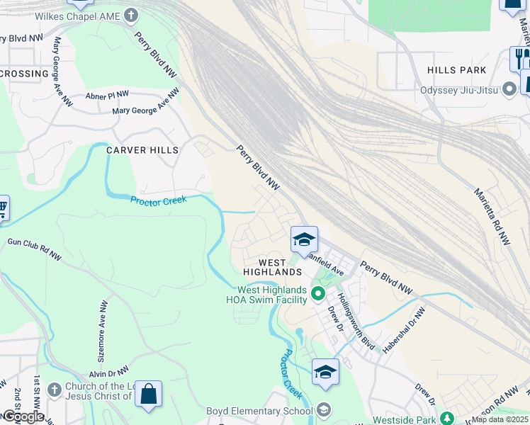 map of restaurants, bars, coffee shops, grocery stores, and more near Jeffery Road Northwest in Atlanta