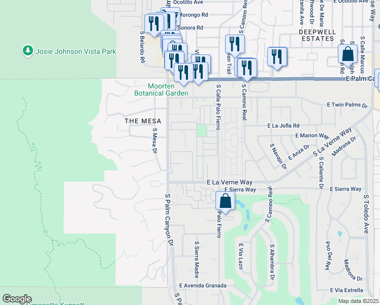 map of restaurants, bars, coffee shops, grocery stores, and more near 2003 Ramitas Way in Palm Springs