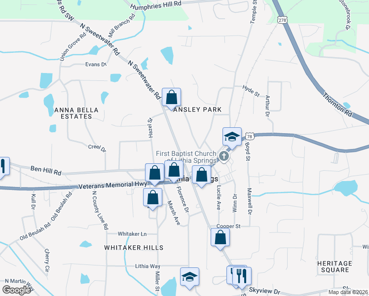 map of restaurants, bars, coffee shops, grocery stores, and more near 6520 North Sweetwater Road in Lithia Springs