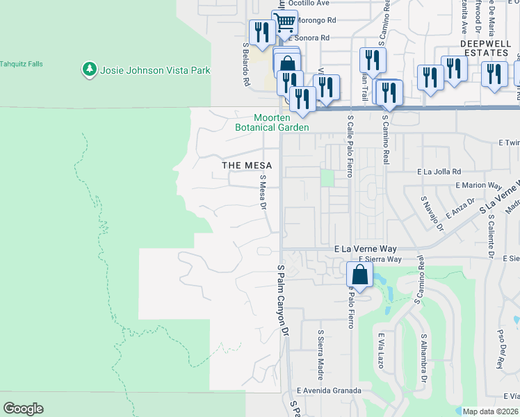 map of restaurants, bars, coffee shops, grocery stores, and more near 215 West Camino Alturas in Palm Springs