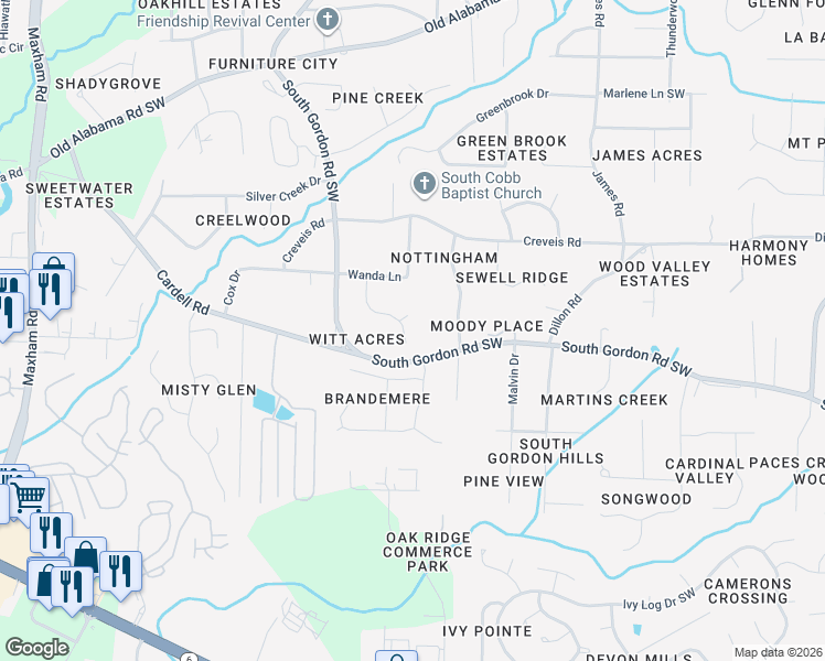 map of restaurants, bars, coffee shops, grocery stores, and more near 6339 Milo Drive in Austell