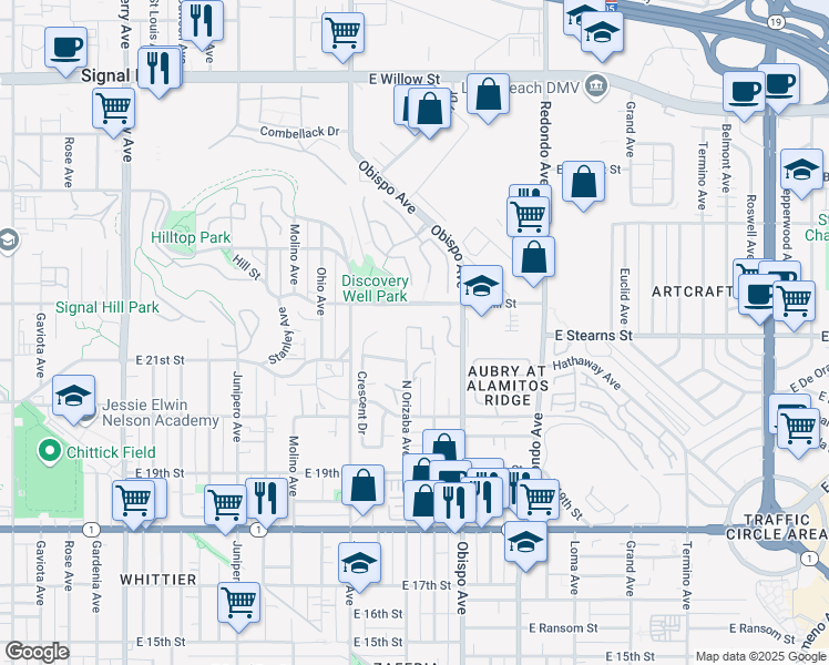 map of restaurants, bars, coffee shops, grocery stores, and more near 2155 Ridgeview Terrace Drive in Signal Hill